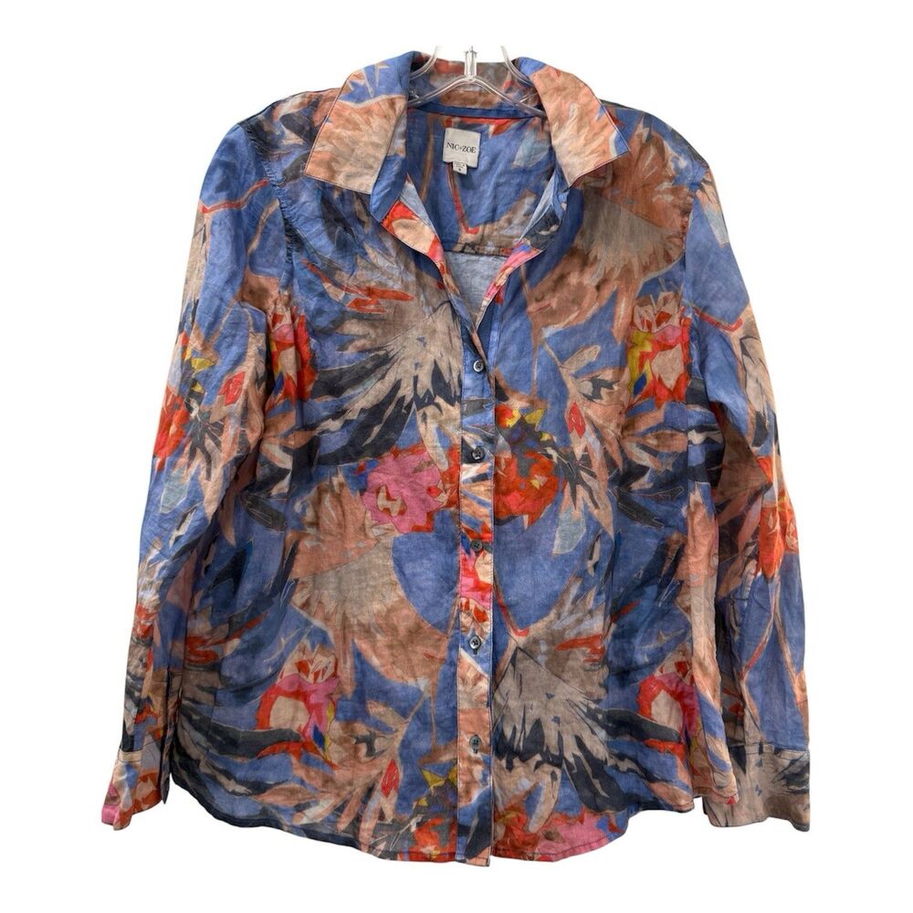 NIC+ZOE Dreamscape Semi Sheer Button Down Shirt Size Small Floral Multi-colored